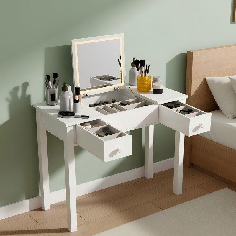 Beyaz MDF Işıklı ve Açılır Kapaklı Aynalı Makyaj Masası -84 cm - 121840