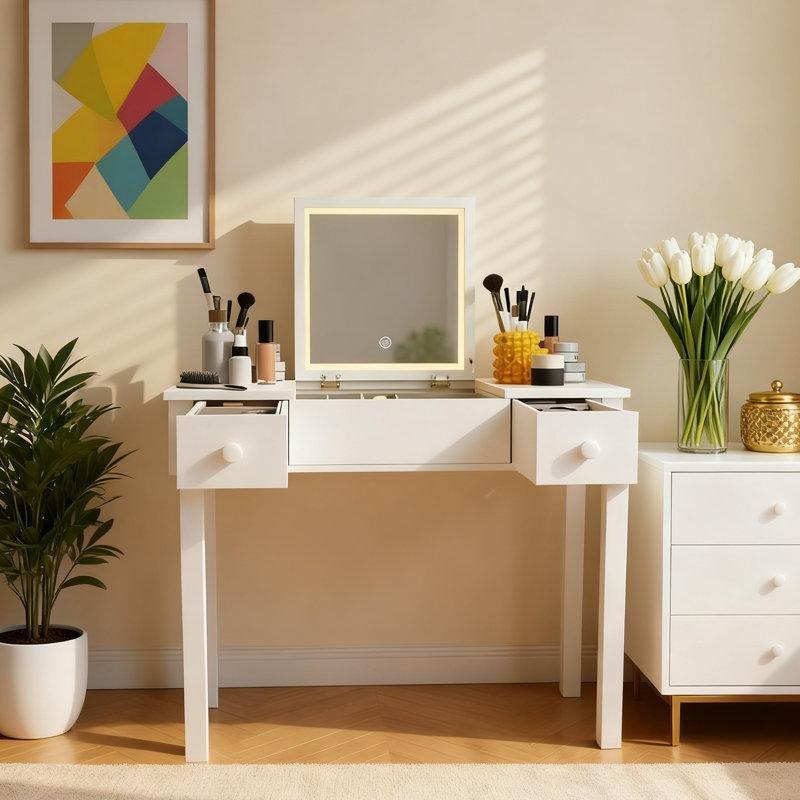 Beyaz MDF Işıklı ve Açılır Kapaklı Aynalı Makyaj Masası -84 cm - 121840
