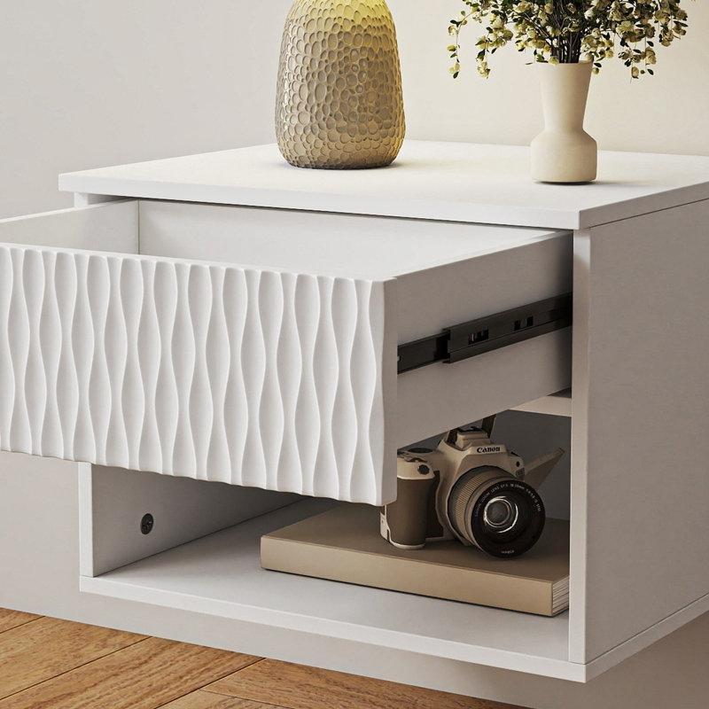 Beyaz MDF Kabartma Desenli Duvara Monte İkili Komodin - 40x32x30 cm - 127349