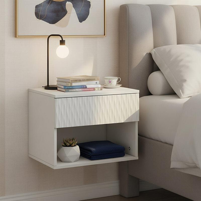 Beyaz MDF Kabartma Desenli Duvara Monte İkili Komodin - 40x32x30 cm - 127349