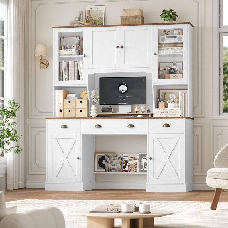 Beyaz MDF Kitaplıklı Ayarlanabilir Raflı Bilgisayar Masası-160x50x190 cm - 116667