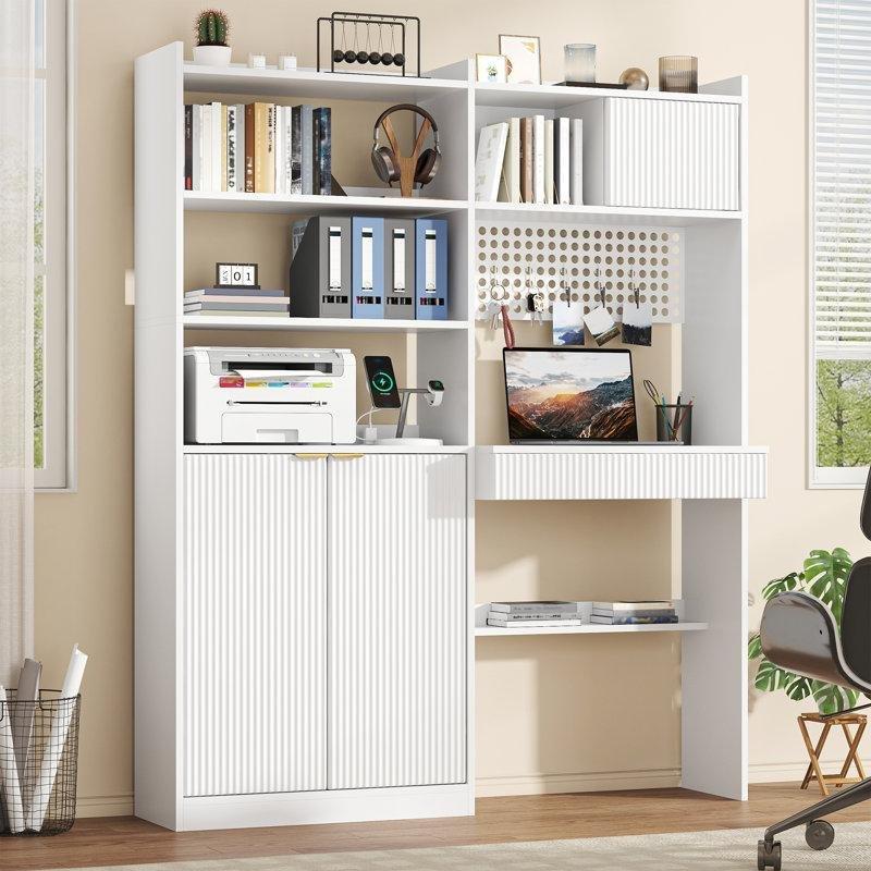 Beyaz MDF Kitaplıklı Şarj İstasyonlu Bilgisayar Masası-160x140x30 cm - 116640
