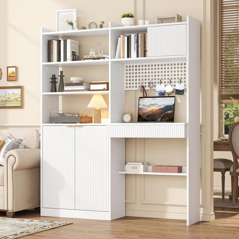 Beyaz MDF Kitaplıklı Şarj İstasyonlu Bilgisayar Masası-160x140x30 cm - 116640