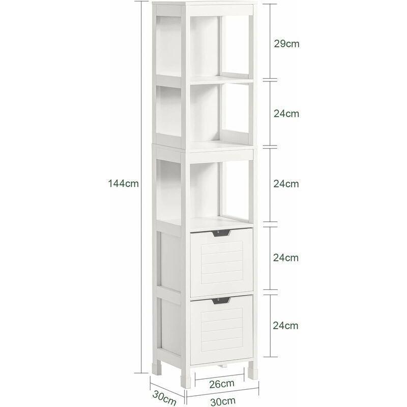 Beyaz MDF Lake Parlak 4 Raflı 2 Çekmeceli banyo dolabı-30x30x144 cm - 113972