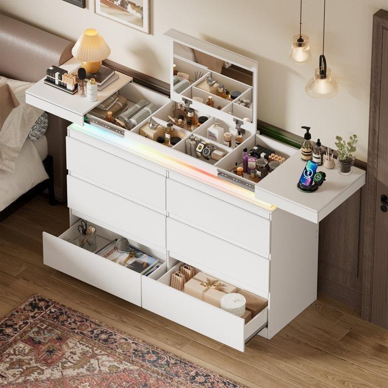 Beyaz MDF LED Aydınlatmalı ve Şarj İstasyonlu Sürgülü Aynalı Şifonyer - 120x40x86 cm - 123978