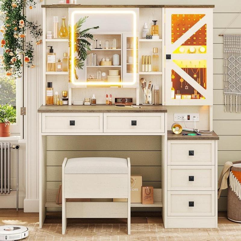 Beyaz MDF LED Aynalı RGB Aydınlatmalı ve Şarj İstasyonlu Tabureli Makyaj Masası - 107x40x141 cm - 121819