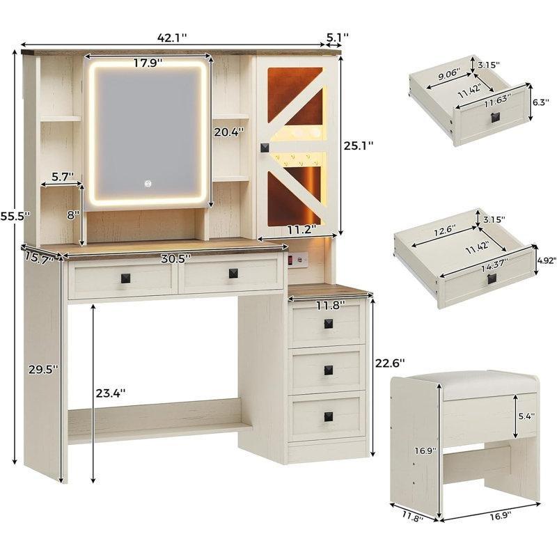 Beyaz MDF LED Aynalı RGB Aydınlatmalı ve Şarj İstasyonlu Tabureli Makyaj Masası - 107x40x141 cm - 121819