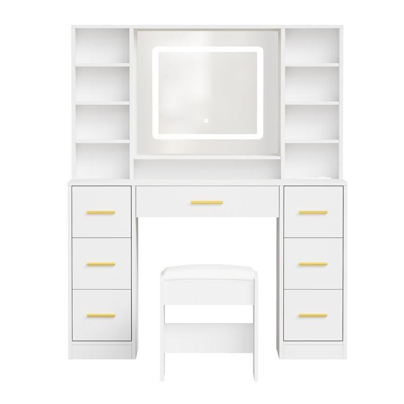 Beyaz MDF LED Işıklı Aynalı 7 Çekmeceli Priz ve USB Girişli Makyaj Masası -100 cm - 121732