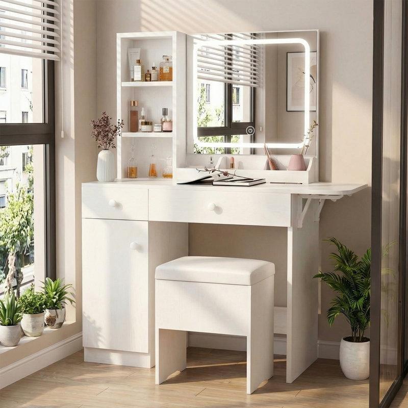Beyaz MDF LED Işıklı Aynalı Priz ve USB Çıkışlı Puf Dahil Makyaj Masası - 112x40x140 cm - 121762