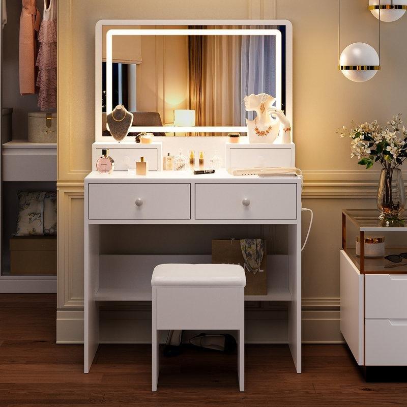 Beyaz MDF LED Işıklı Aynalı Şarj İstasyonlu ve Tabureli Makyaj Masası - 80x38x140 cm - 121579