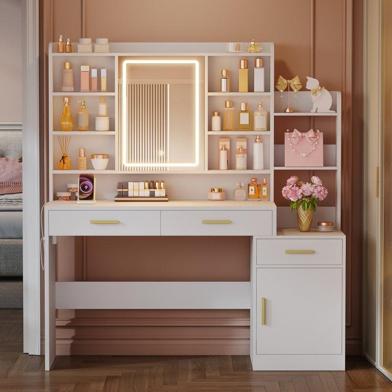 Beyaz MDF LED Işıklı Aynalı ve Prizli Çok Raflı Makyaj Masası - 130x149 cm - 121561