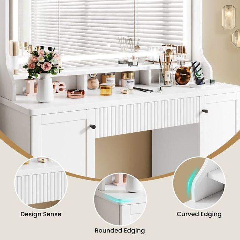 Beyaz MDF LED Işıklı Priz ve USB Çıkışlı Makyaj Masası - 110x40x135 cm - 122164