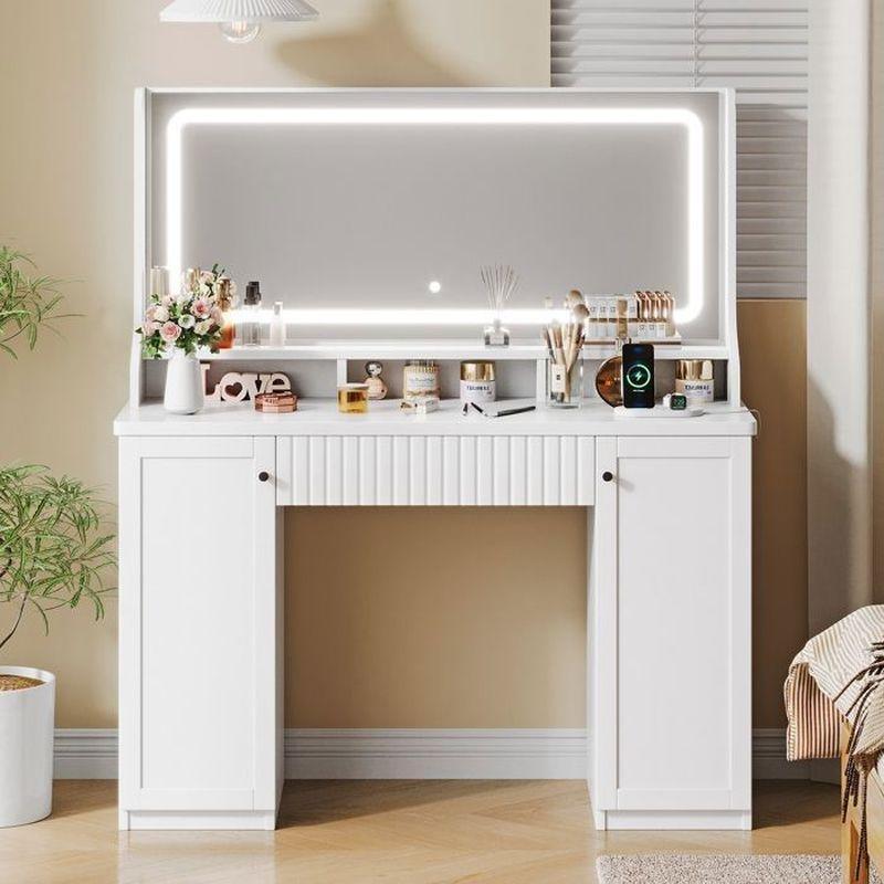 Beyaz MDF LED Işıklı Priz ve USB Çıkışlı Makyaj Masası - 110x40x135 cm - 122164