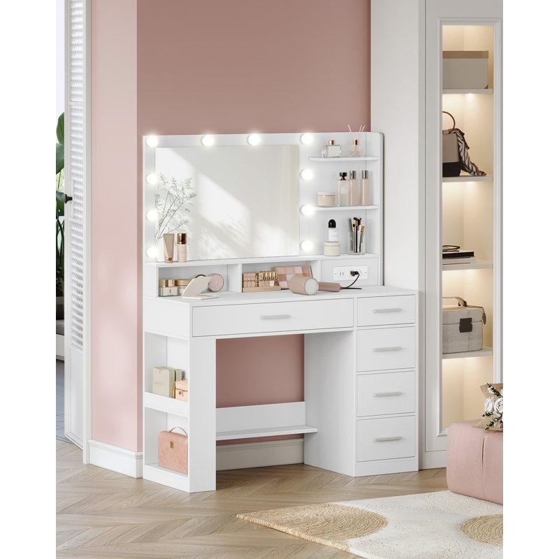 Beyaz MDF LED Işıklı ve Priz Çıkışlı 5 Çekmeceli Aynalı Makyaj Masası - 108x40x140 cm - 121666