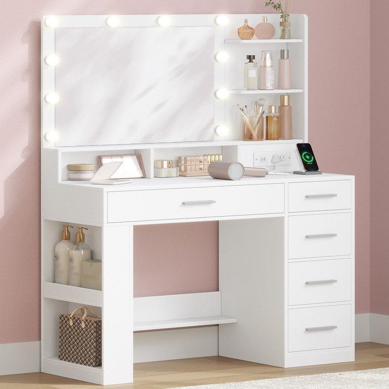 Beyaz MDF LED Işıklı ve Priz Çıkışlı 5 Çekmeceli Aynalı Makyaj Masası - 108x40x140 cm - 121666