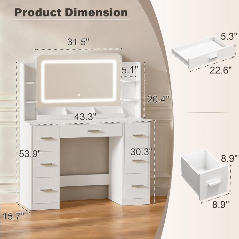 Beyaz MDF LED Işıklı ve Şarj İstasyonlu 7 Çekmeceli Makyaj Masası - 110x40x137 cm - 121627