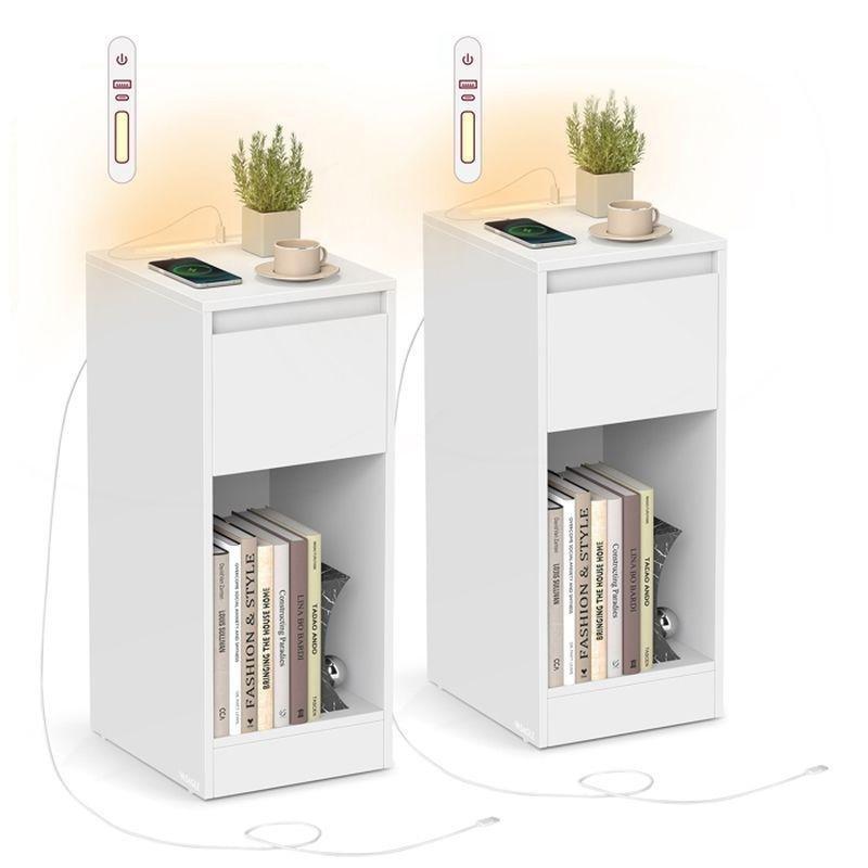 Beyaz MDF LED Işıklı ve USB Girişli 2'li Set Komodin - 25x30x60 cm - 127873
