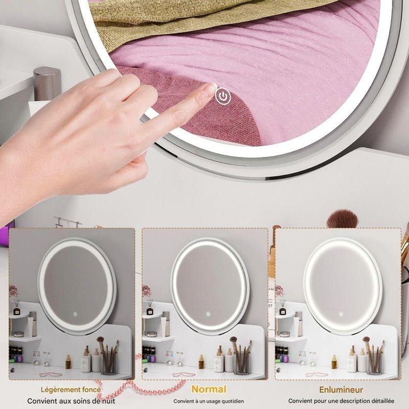 Beyaz MDF LED Işıklı Yuvarlak Aynalı ve Raflı Çekmeceli Makyaj Masası - 122230