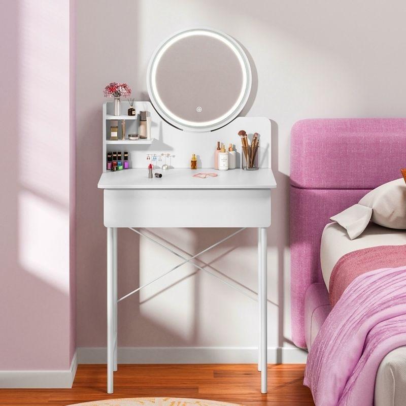 Beyaz MDF LED Işıklı Yuvarlak Aynalı ve Raflı Çekmeceli Makyaj Masası - 122230