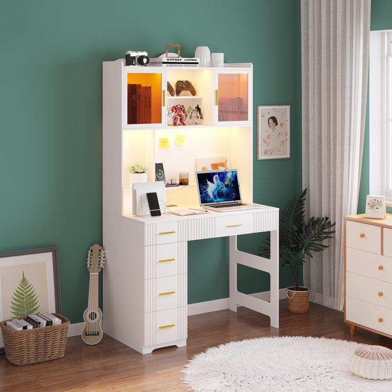 Beyaz MDF Ledli Çekmeceli Bilgisayar Masası-100x55x180 cm - 116913