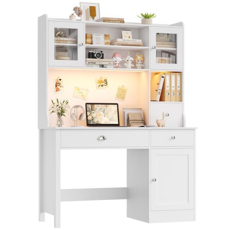 Beyaz MDF Ledli Dolaplı Çekmeceli Raflı Bilgisayar masası-48x165x49 cm - 116664