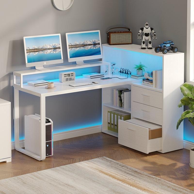 Beyaz MDF Ledli L Şekilli Kitaplıklı Çekmeceli Bilgisayar masası-113x140x51 cm - 116838