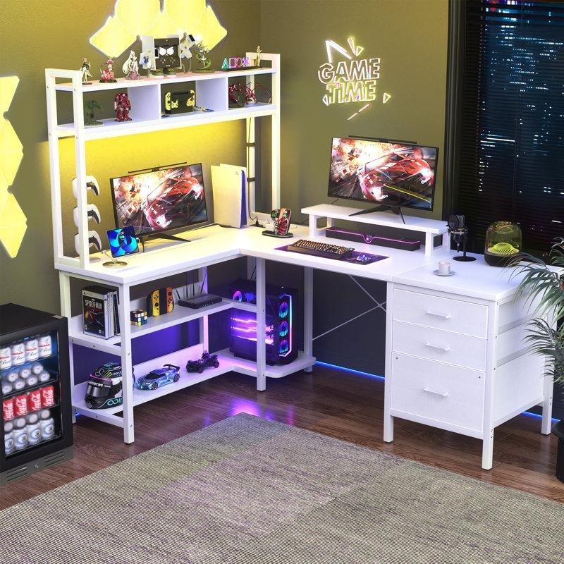 Beyaz MDF Ledli Raflı L Şekilli Bilgisayar Masası-150x89x150 cm - 116625