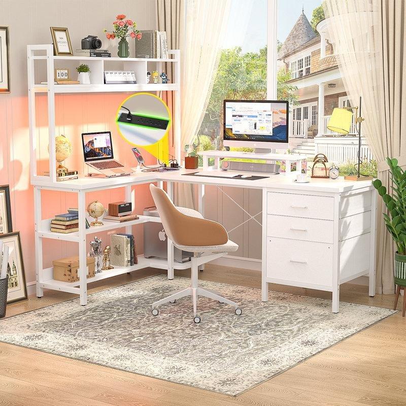 Beyaz MDF Ledli Raflı L Şekilli Bilgisayar Masası-150x89x150 cm - 116625