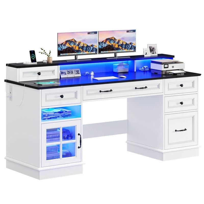 Beyaz MDF Ledli USB Çıkışlı Bilgisayar Masası-151x50x90 cm - 116565