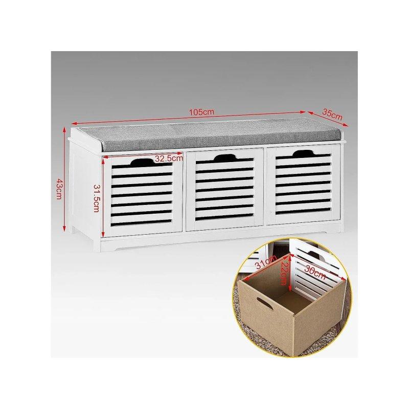 Beyaz MDF Malzeme Minderli ve 3 Çekmeceli Ayakkabılık - 105x35x43 cm - 118420