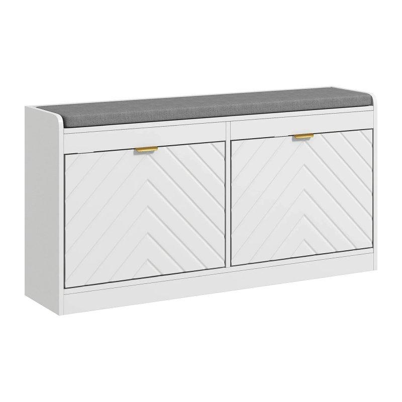 Beyaz MDF Minderli Balıksırtı Desenli Düşer Kapaklı Ayakkabılık - 106 x 24 x 53 cm - 118342