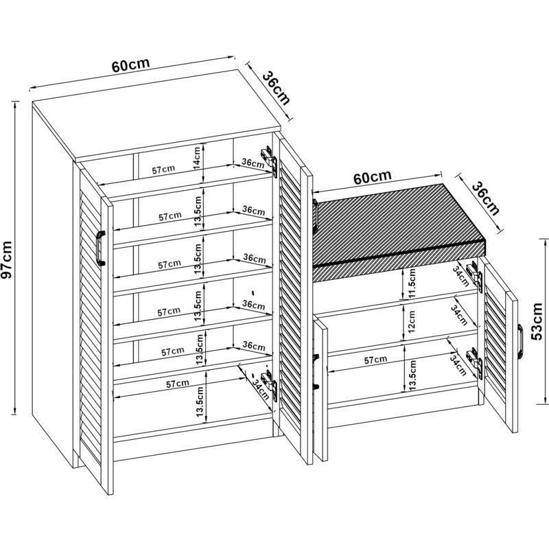 Beyaz MDF Minderli Panjur Kapaklı Oturaklı Ayakkabılık - 120x97x36 cm - 119385
