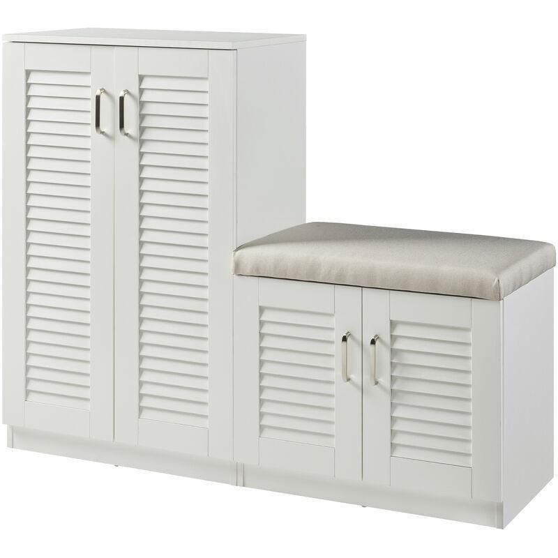 Beyaz MDF Minderli Panjur Kapaklı Oturaklı Ayakkabılık - 120x97x36 cm - 119385
