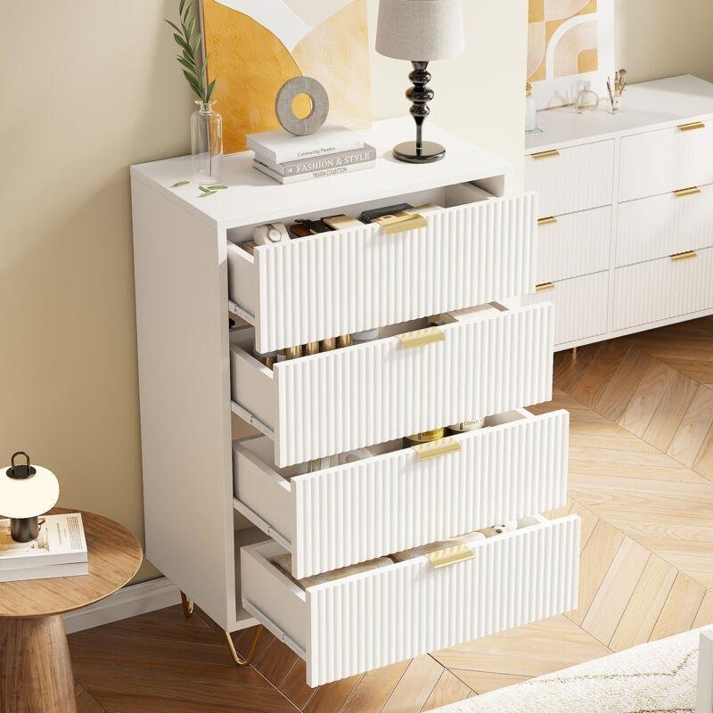 Beyaz MDF Oluklu Ön Yüzey Gold Ayaklı 4 Çekmeceli Şifonyer - 60x34x91 cm - 123374