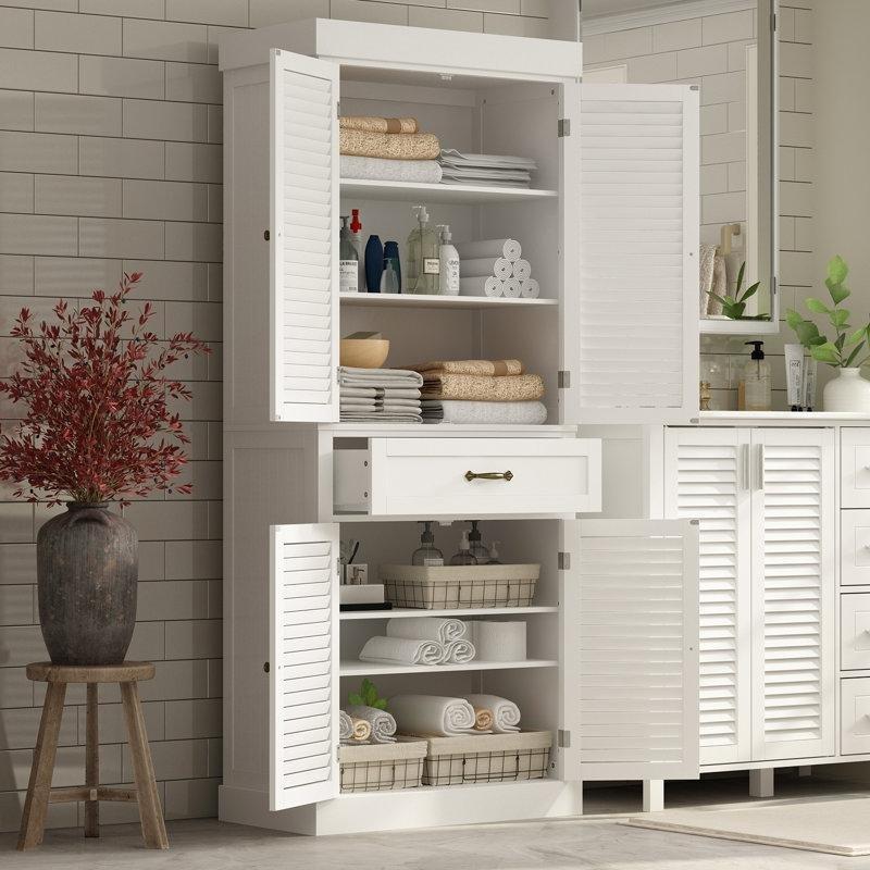 Beyaz MDF Panjurlu Kapaklı Ayaklı Country Banyo Dolabı-182x77x40 cm - 114085