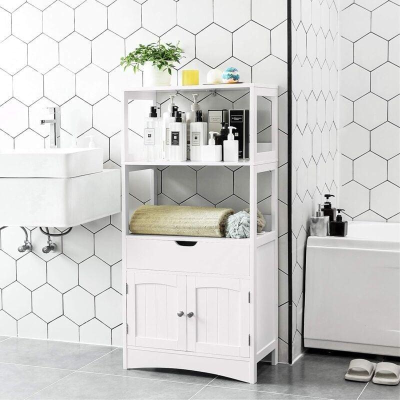 Beyaz MDF Raflı Çekmeceli Banyo Dolabı-60x33x122 cm - 113951
