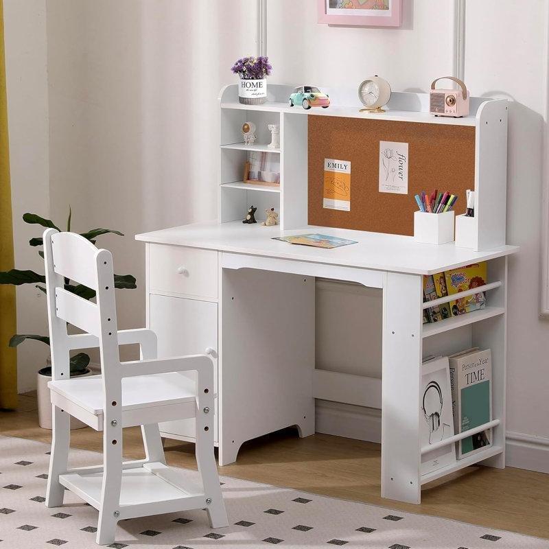 Beyaz MDF Raflı Dolaplı Çekmeceli Bilgisayar Masası-101x96x46 cm - 116376