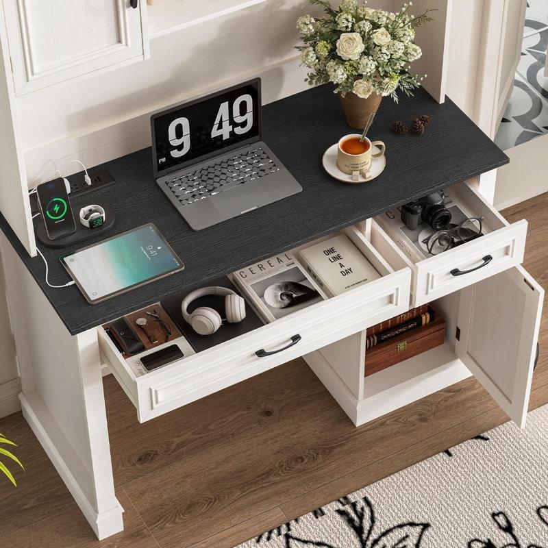 Beyaz MDF Raflı Şarj Üniteli LED Işıklı Bilgisayar Masası-170x120x50 cm - 116649