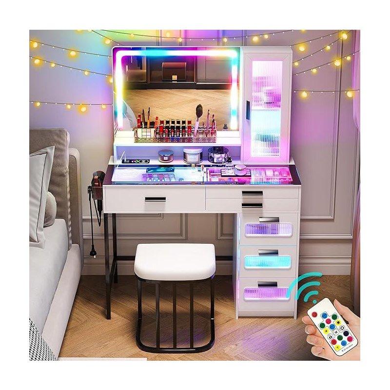 Beyaz MDF RGB Led Işıklı Sensörlü Cam Tablalı Makyaj Masası - 94x40x139 cm - 121897