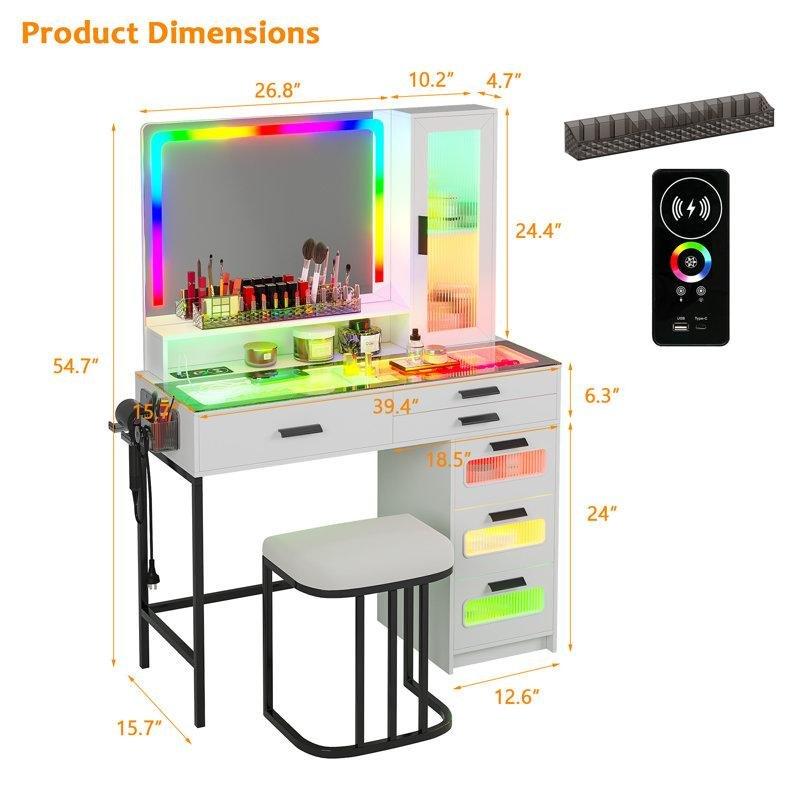 Beyaz MDF RGB Led Işıklı Sensörlü Cam Tablalı Makyaj Masası - 94x40x139 cm - 121897