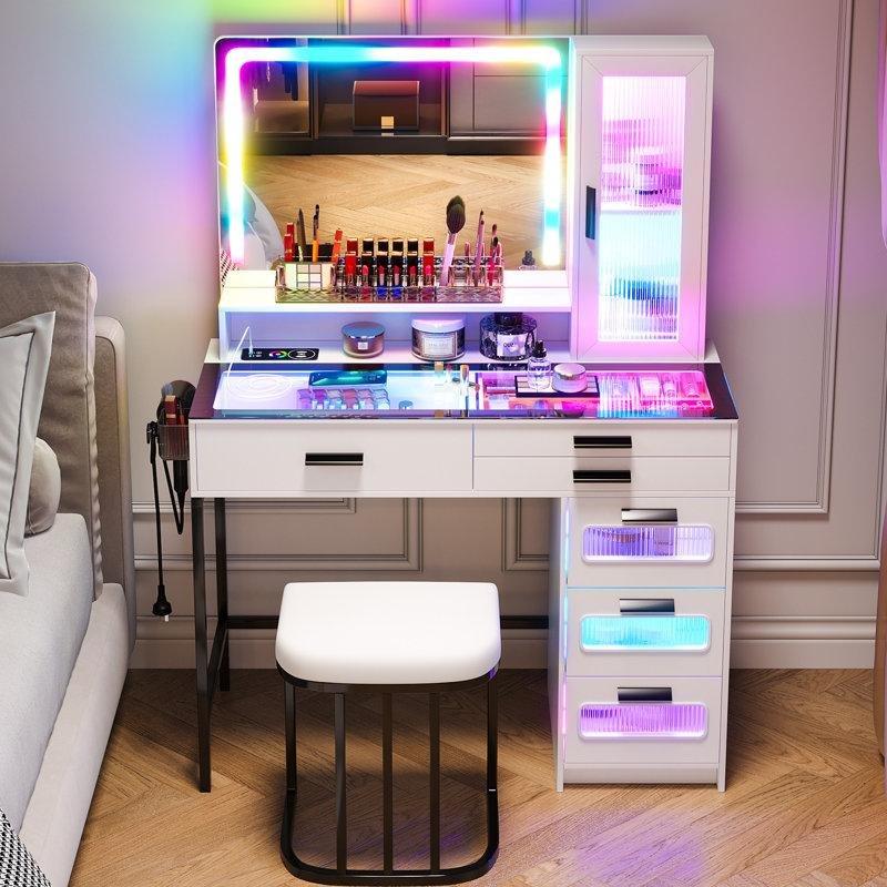 Beyaz MDF RGB Led Işıklı Sensörlü Cam Tablalı Makyaj Masası - 94x40x139 cm - 121897