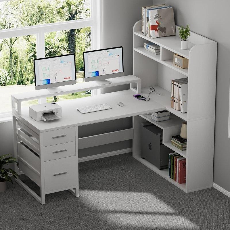 Beyaz MDF RGB Ledli Prizli L Şekilli Bilgisayar Masası-145x102x145 cm - 116589