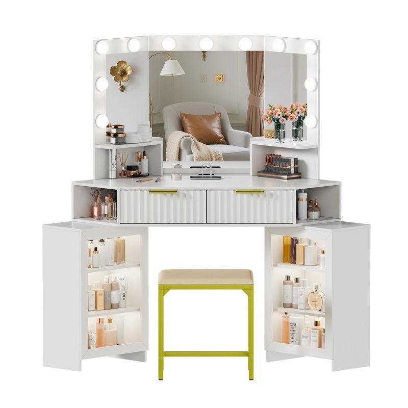 Beyaz MDF Sensörlü 11 LED Işıklı Şarj İstasyonlu Köşe Makyaj Masası - 116 cm - 121567