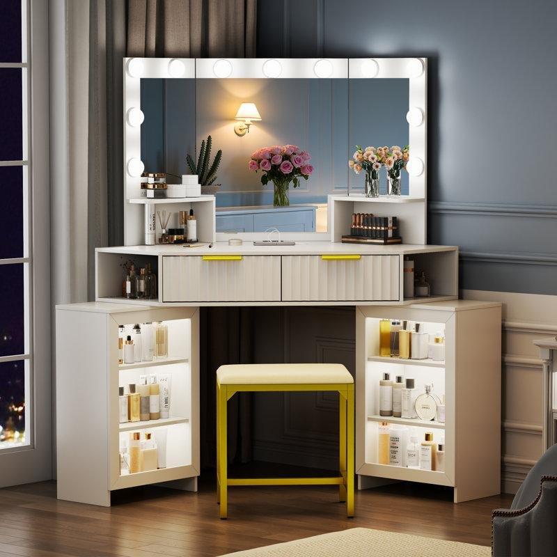 Beyaz MDF Sensörlü 11 LED Işıklı Şarj İstasyonlu Köşe Makyaj Masası - 116 cm - 121567