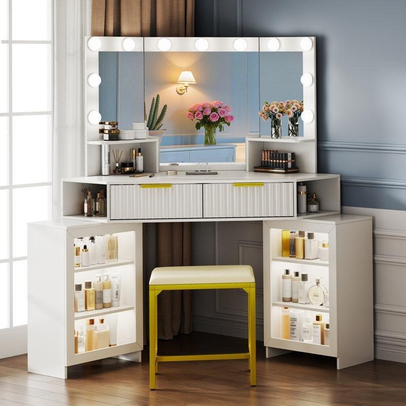 Beyaz MDF Sensörlü 11 LED Işıklı Şarj İstasyonlu Köşe Makyaj Masası - 116 cm - 121567