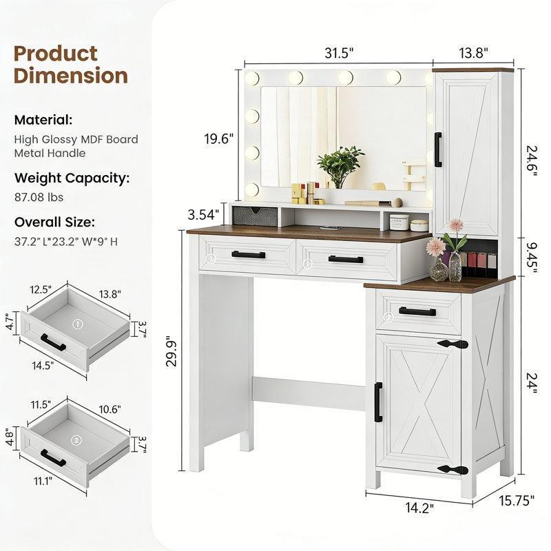 Beyaz MDF Sensörlü LED Işıklı ve Şarj İstasyonlu Aynalı Makyaj Masası - 116x40x148 cm - 121738