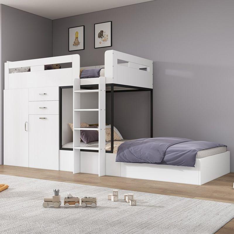 Beyaz MDF Sürgülü Çalışma Masalı Dolaplı ve Çekmeceli Ranza - 90x200 cm - 125584