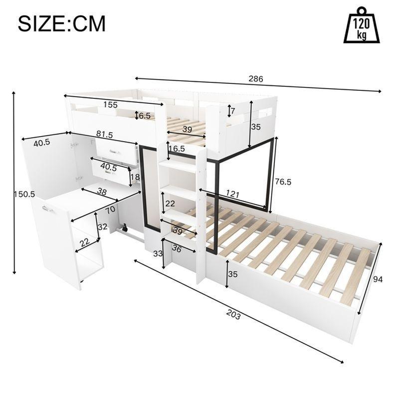 Beyaz MDF Sürgülü Çalışma Masalı Dolaplı ve Çekmeceli Ranza - 90x200 cm - 125584