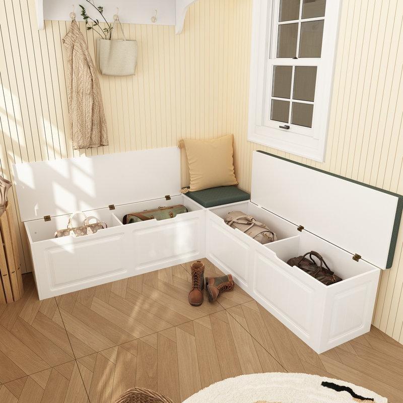 Beyaz MDF ve Ahşap L Tipi Minderli Sandıklı Ayakkabılık Bench - 161x161 cm - 120571