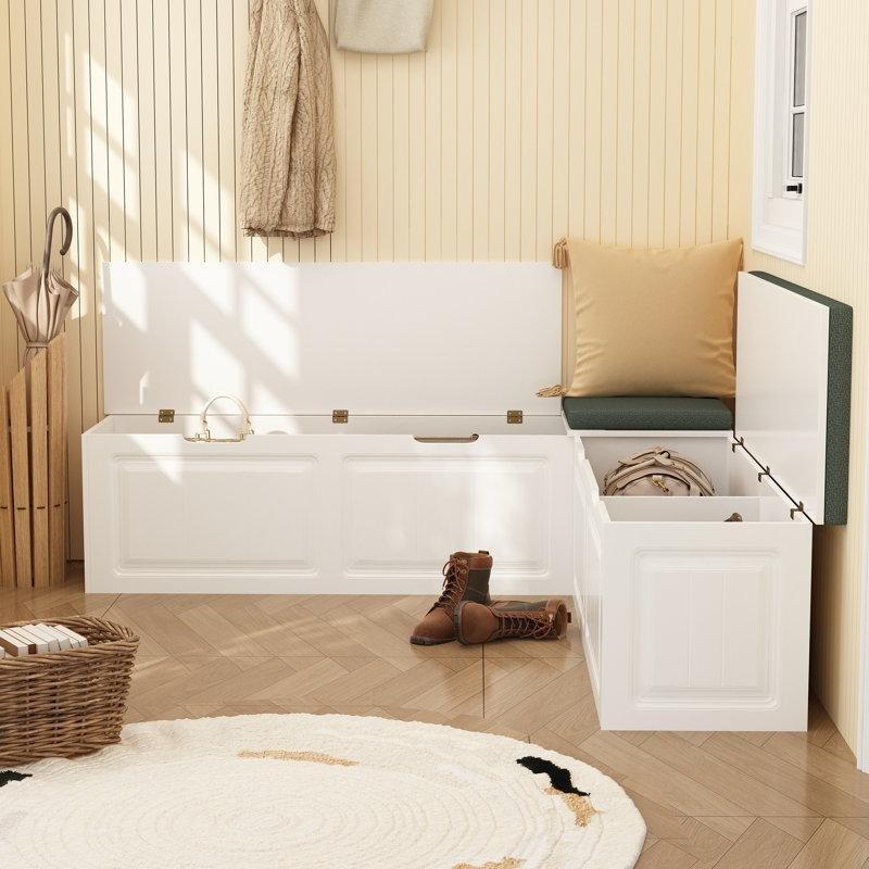 Beyaz MDF ve Ahşap L Tipi Minderli Sandıklı Ayakkabılık Bench - 161x161 cm - 120571